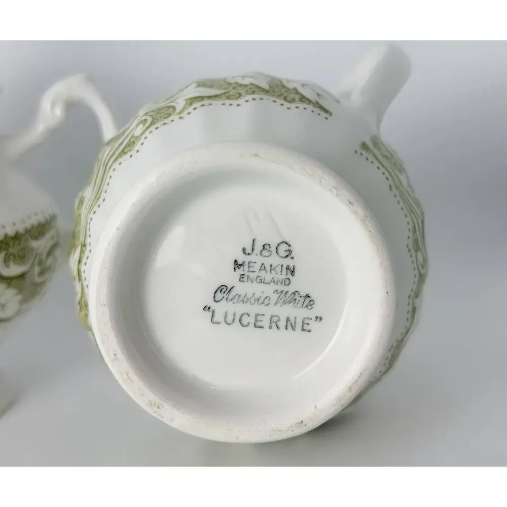 J & G Meakin 'Lucerne' White Ceramic Sugar & Cream Set w Olive Green/Leaf Border